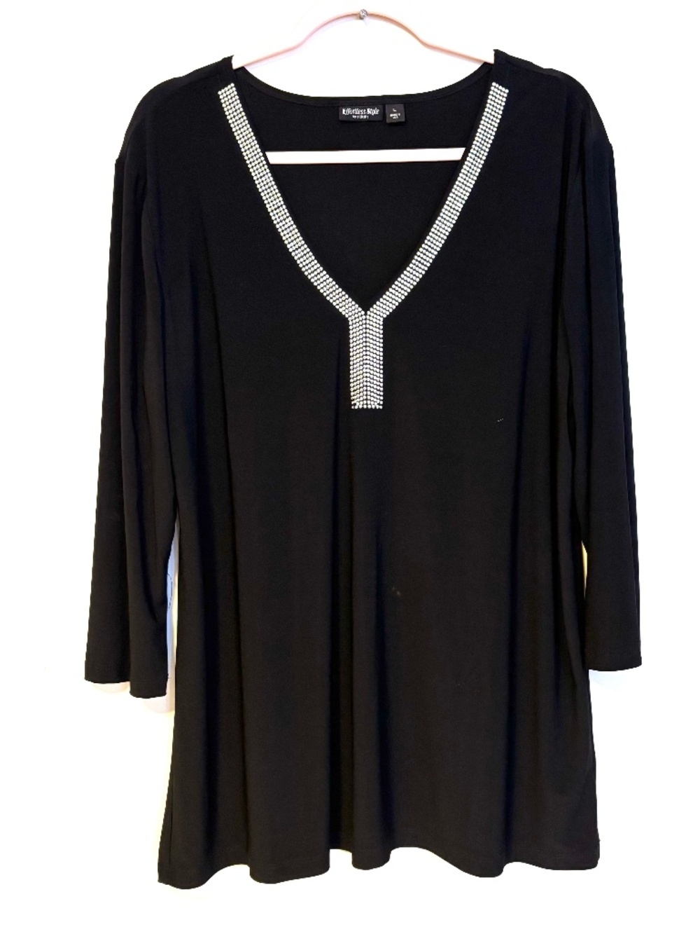Effortless V Neck Studded Embellished Quarter Sleeve Stretch Top Black Womens L